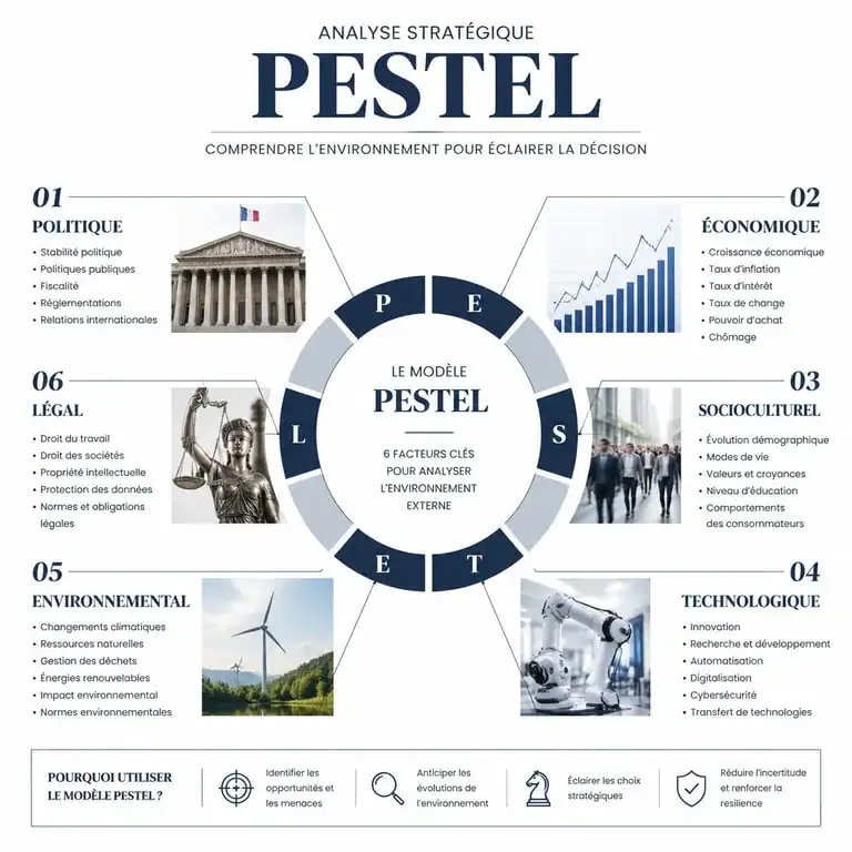 Infographie du modèle PESTEL pour l'analyse du macroenvironnement