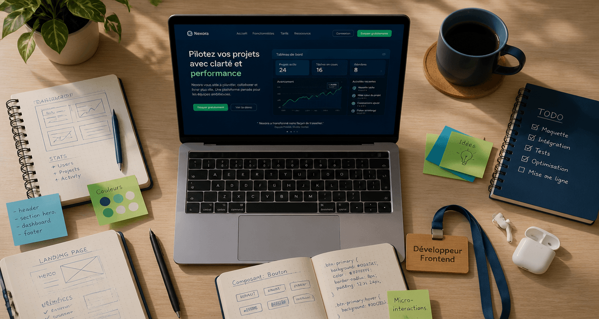 bureau developpeur frontend avec ordinateur et maquette web