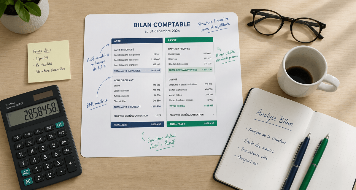 comment analyser un bilan comptable, bilan sur bureau avec calculatrice