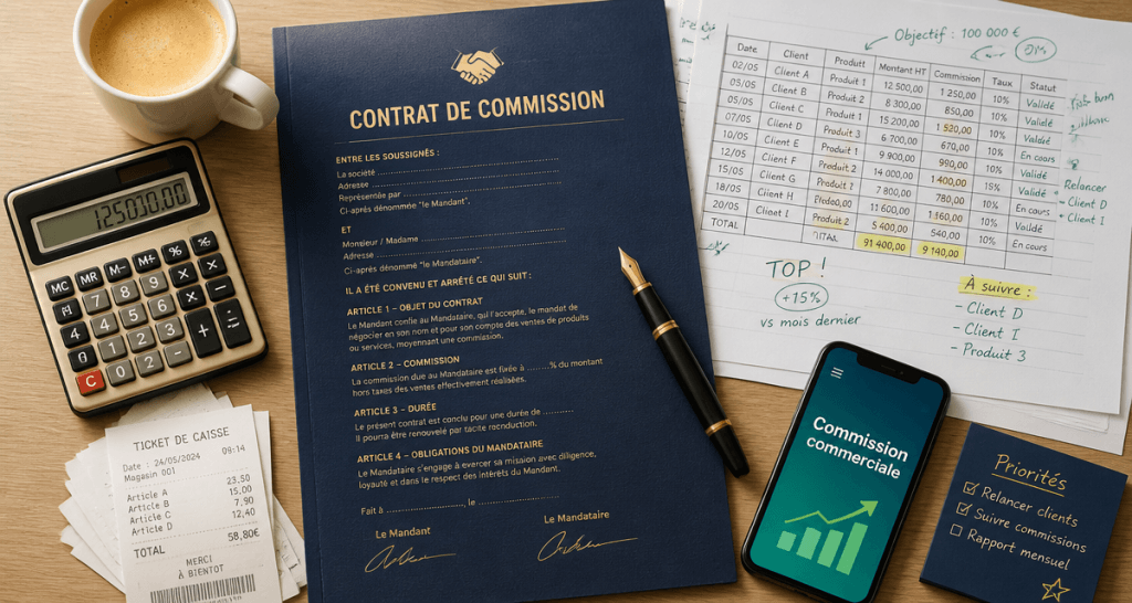 Contrat commercial à la commission sur bureau avec calculatrice
