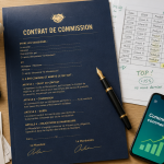 Contrat commercial à la commission sur bureau avec calculatrice