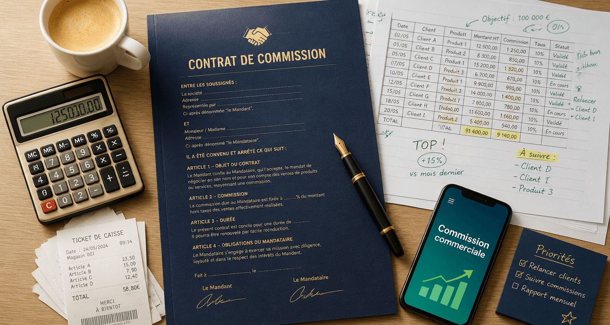 Contrat commercial à la commission sur bureau avec calculatrice