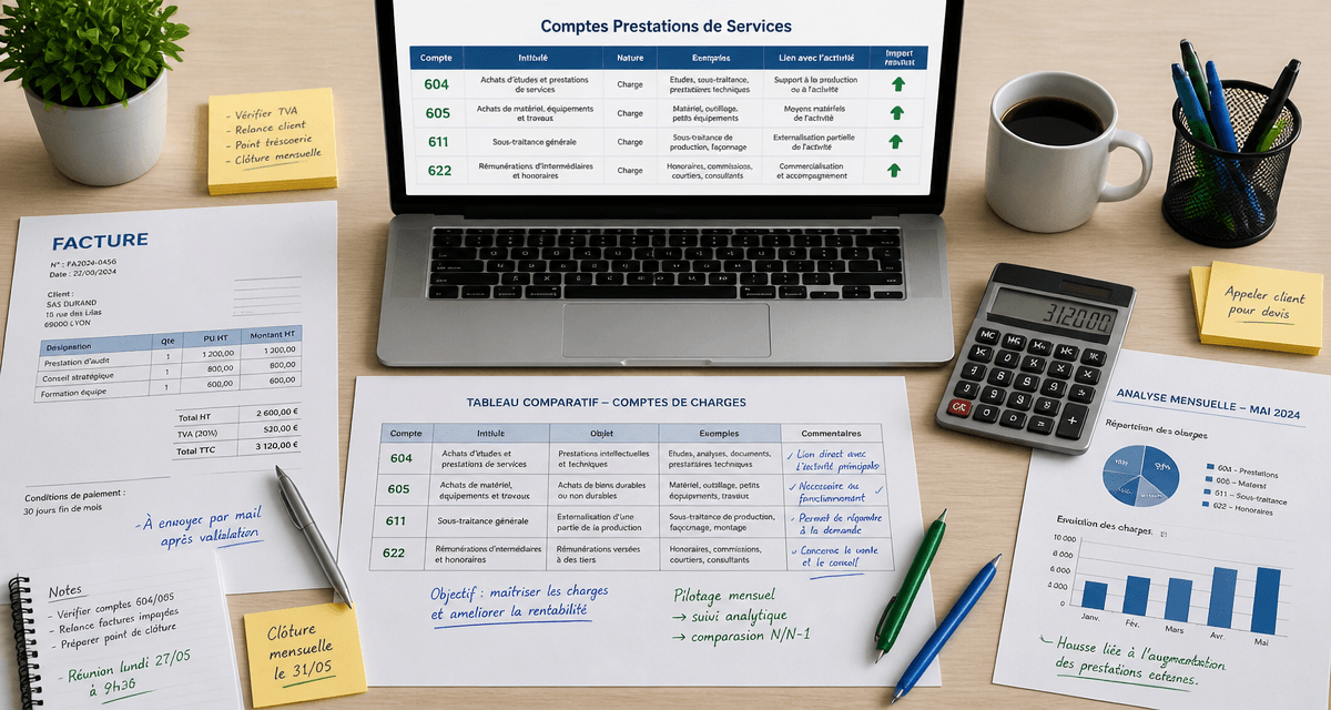 compte comptable prestation de service sur bureau avec documents et ordinateur