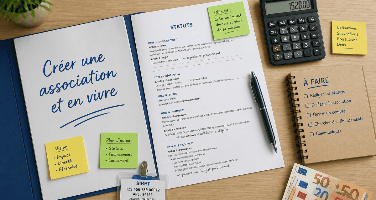 Créer une association et en vivre, bureau avec statuts et calculatrice