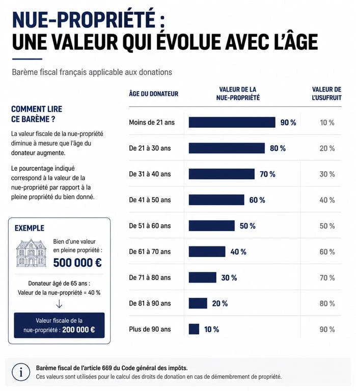 Infographie montrant l'évolution de la valeur de la nue-propriété après 70 ans selon le barème fiscal