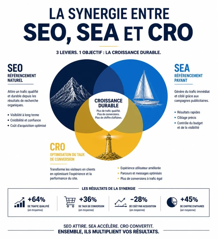 Infographie sur la synergie entre SEO, SEA et CRO marketing pour optimiser le taux de conversion
