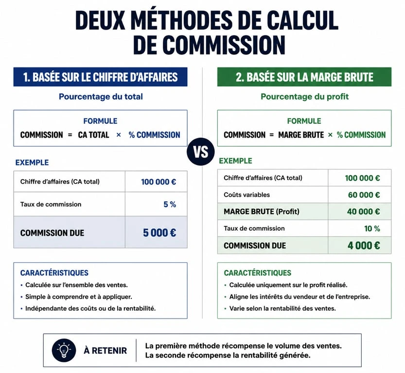 Comparaison des méthodes de calcul de commission commerciale : chiffre d'affaires vs marge brute