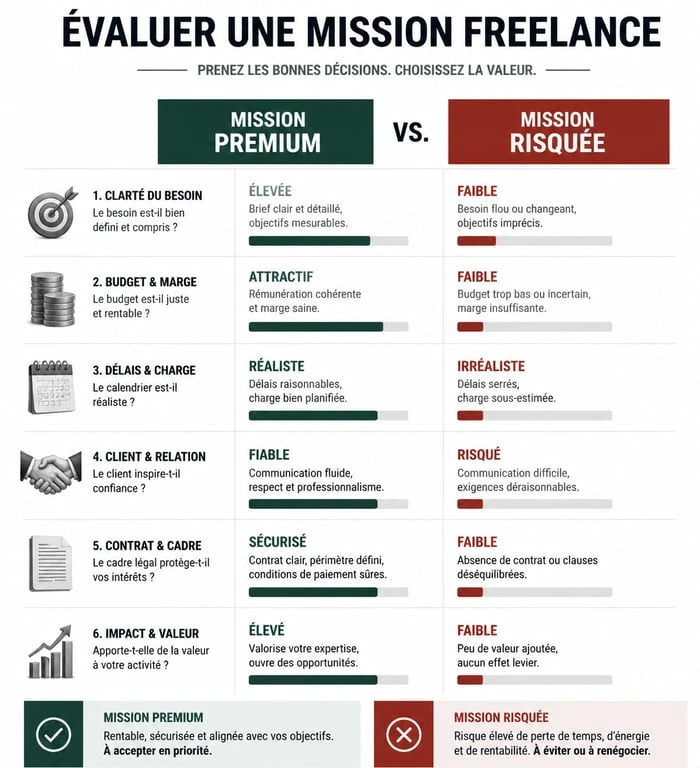 Infographie comparant les critères de choix d'une mission pour un graphiste freelance emploi