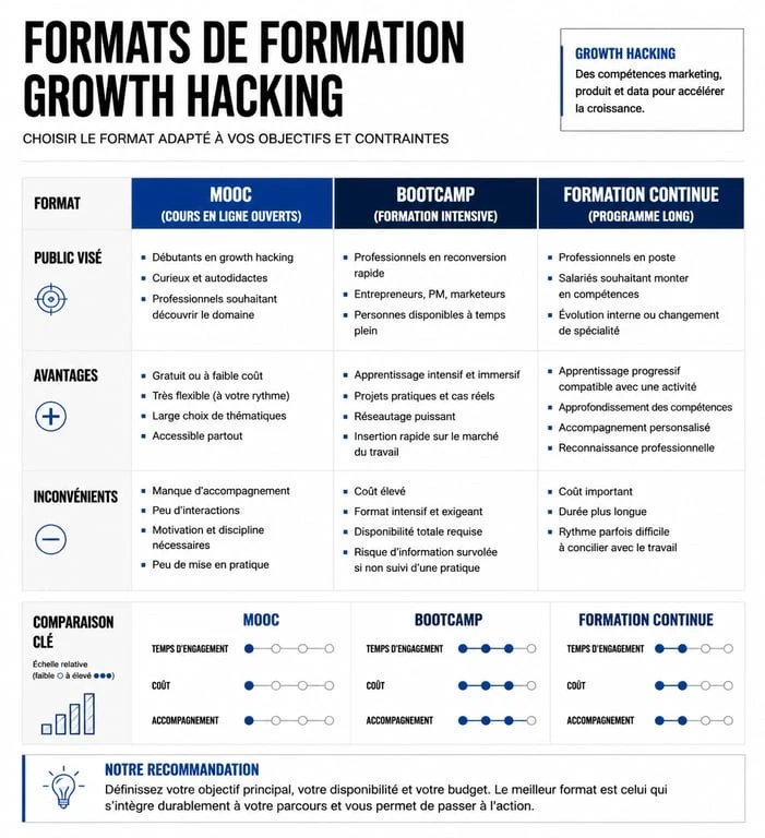 Tableau comparatif des formats de formation growth hacking : MOOC, Bootcamp et Formation continue