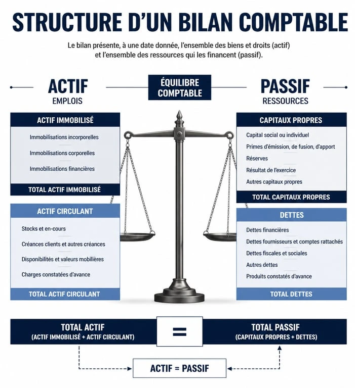 Schéma explicatif de la structure d'un bilan comptable pour apprendre comment analyser un bilan comptable