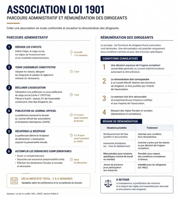 Infographie du parcours de création d'une association et conditions de rémunération des dirigeants