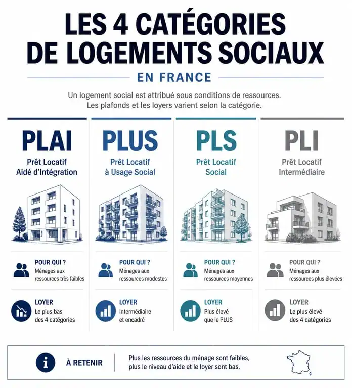 Infographie comparative des catégories de logement social PLAI, PLUS, PLS et PLI