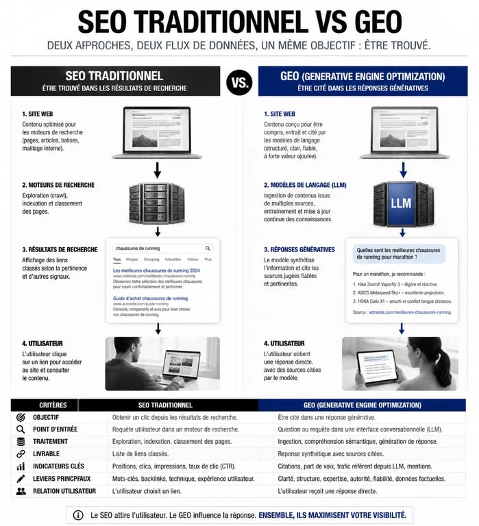 Infographie comparative entre le SEO traditionnel et le référencement ChatGPT (GEO)