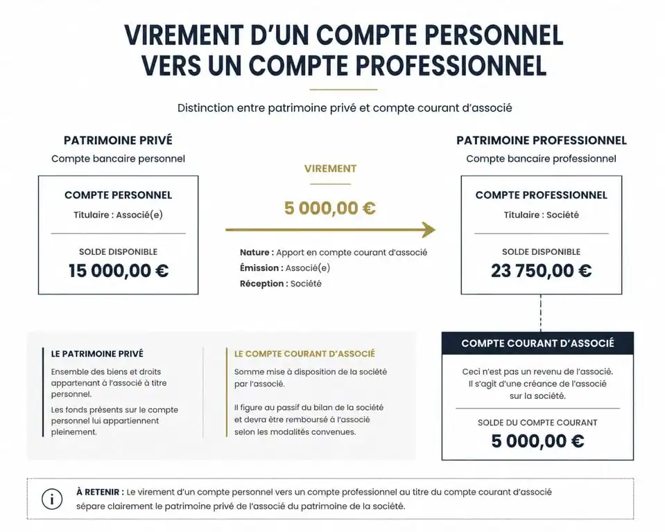 Schéma explicatif du virement compte perso vers compte pro et comptabilisation