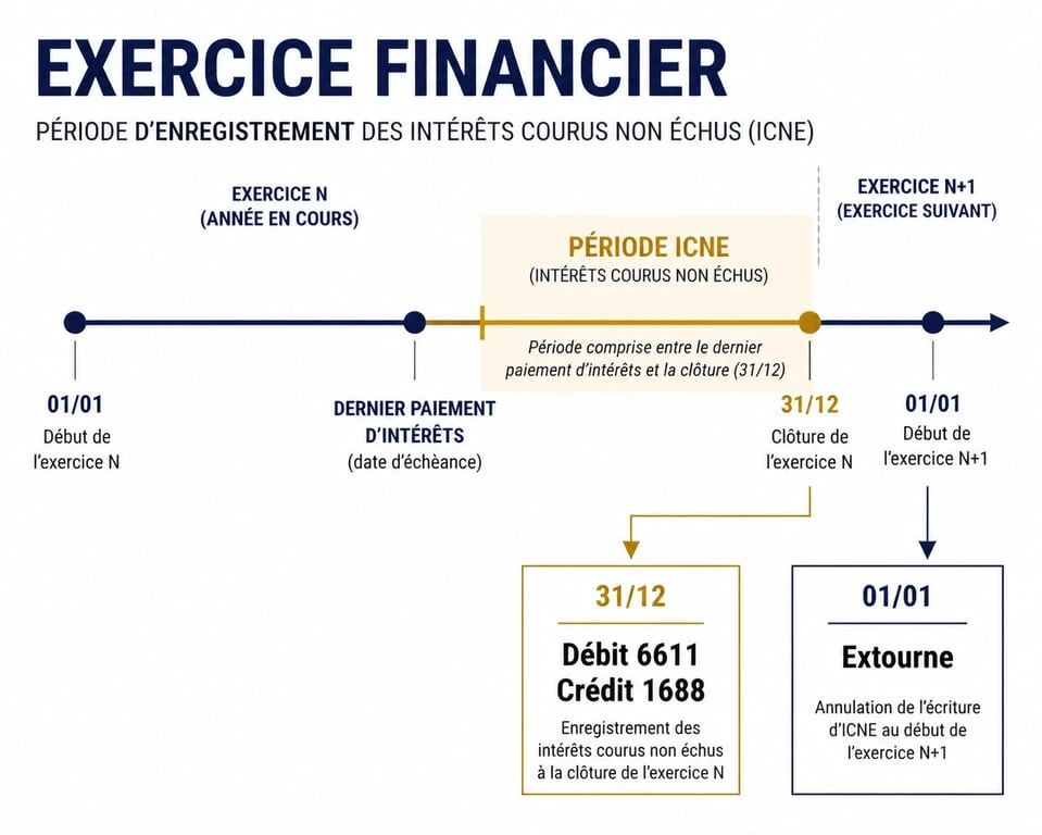 Schéma explicatif du calcul et de la comptabilisation des intérêts courus non échus (ICNE) sur une ligne de temps