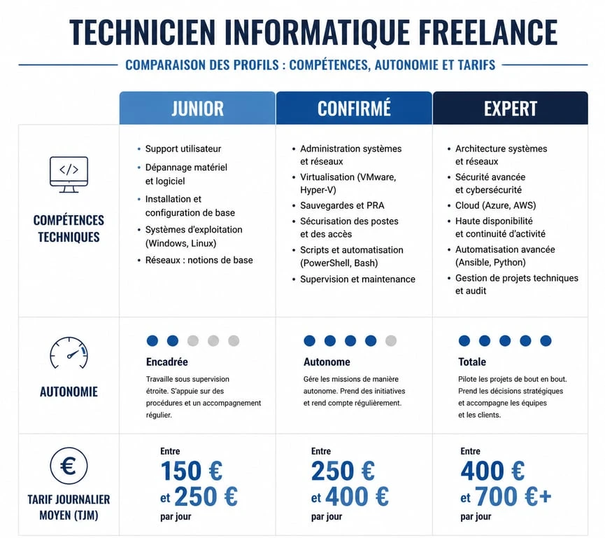Infographie comparative des profils de technicien informatique freelance : Junior, Confirmé et Expert.