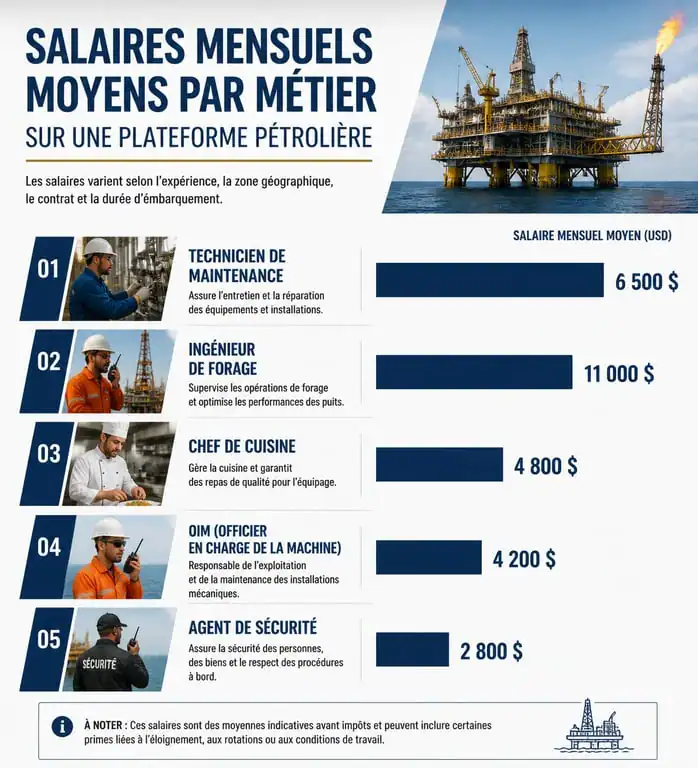 Infographie des salaires moyens par métier sur une plateforme pétrolière pour une offre d emploi plateforme pétrolière etranger