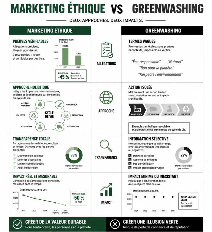 Infographie comparative entre marketing éthique et greenwashing pour comprendre les enjeux de l'éthique et marketing.