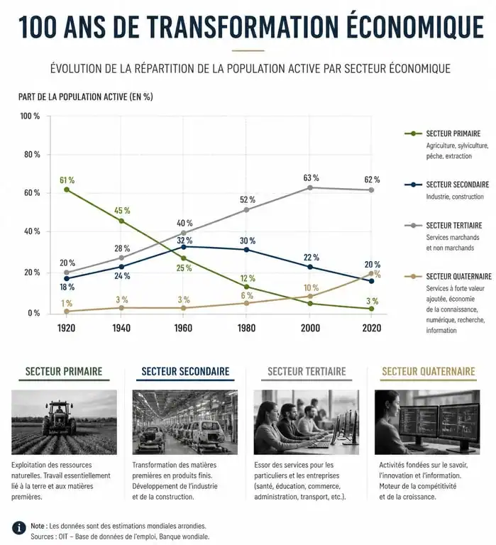 Évolution historique de la répartition de la population active par secteur d'activité