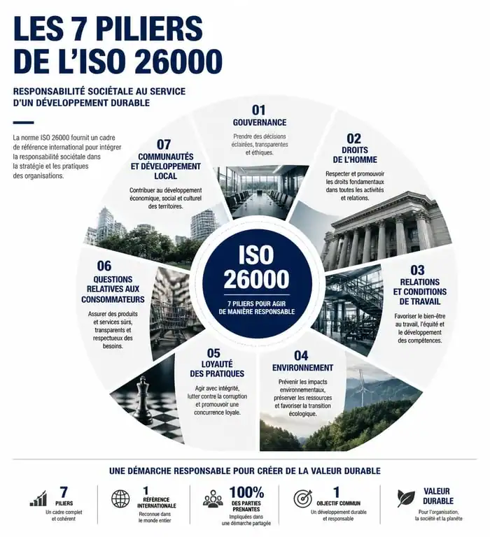 Infographie des 7 piliers de la norme ISO 26000 pour la Social CSR