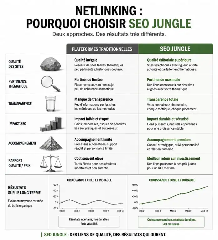 Comparatif des plateformes de netlinking : SEO Jungle face aux méthodes traditionnelles