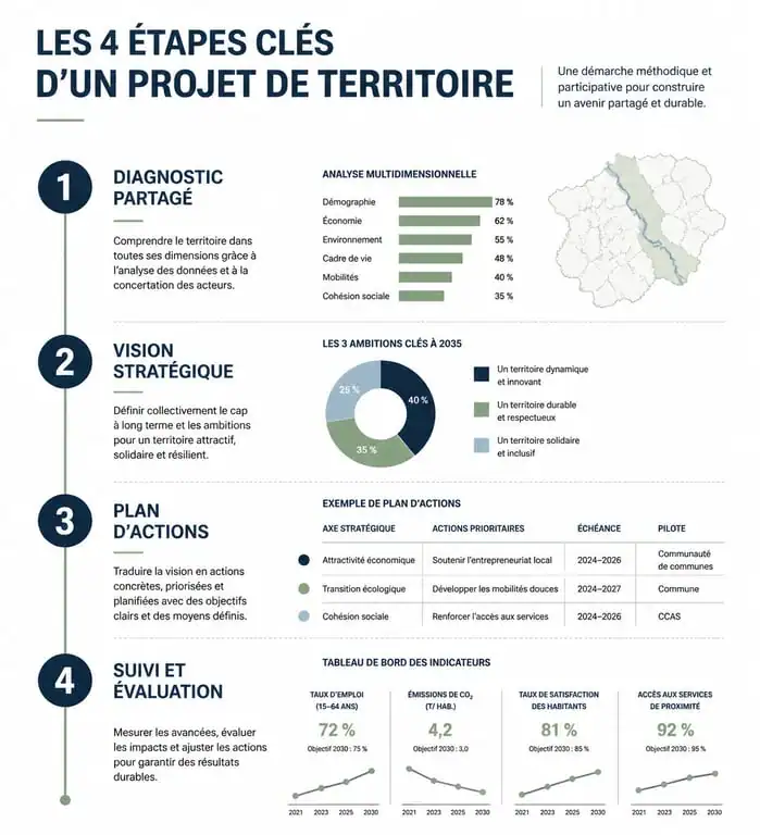 Infographie des 4 étapes clés pour l'élaboration d'un projet de territoire