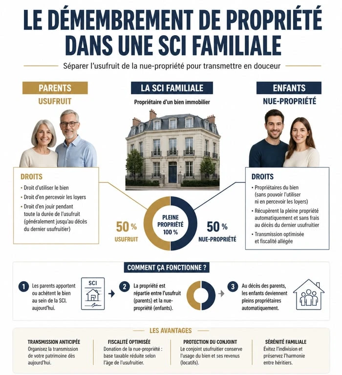 Schéma explicatif du démembrement de propriété en SCI familiale pour l'optimisation de la transmission