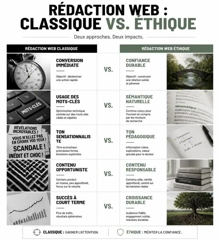 Infographie comparative entre la rédaction web classique et la rédaction web éthique pour une stratégie de contenu responsable.