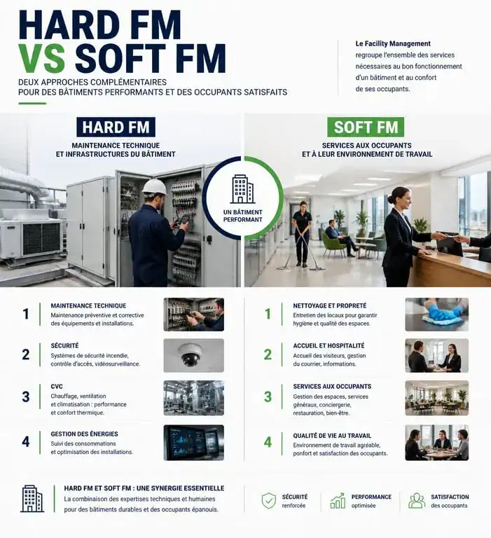 Infographie comparative des services de managed facilities : Hard FM vs Soft FM