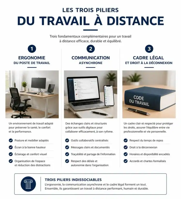 Infographie sur les piliers du travail à distance : ergonomie, communication et cadre légal