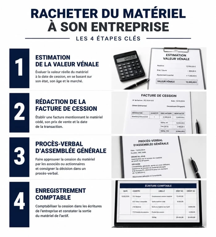 Infographie des étapes pour racheter le matériel de son entreprise en toute légalité