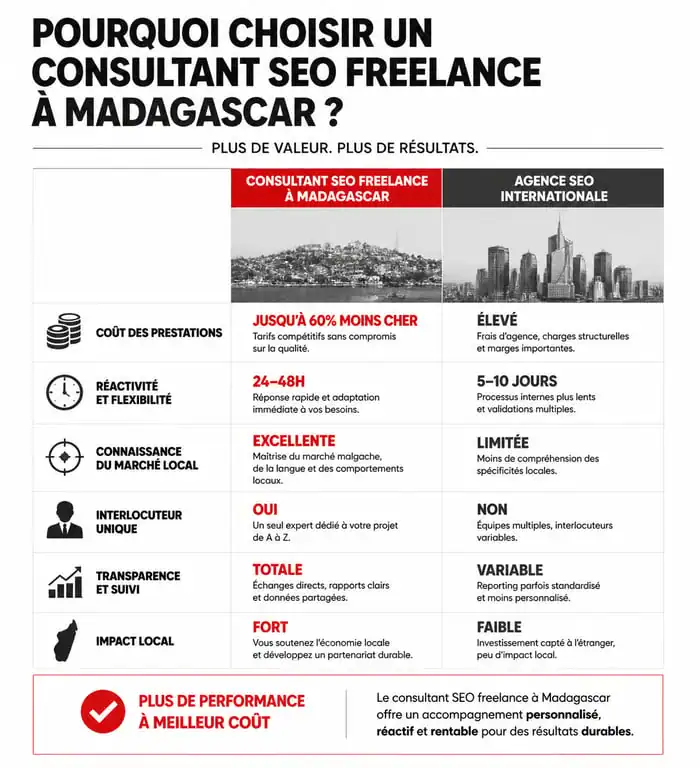 Comparatif consultant SEO freelance Madagascar vs agence SEO internationale