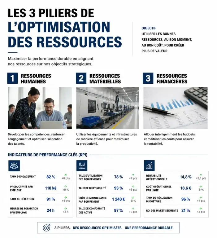 Infographie sur l'optimisation des ressources en entreprise : piliers et indicateurs clés de performance
