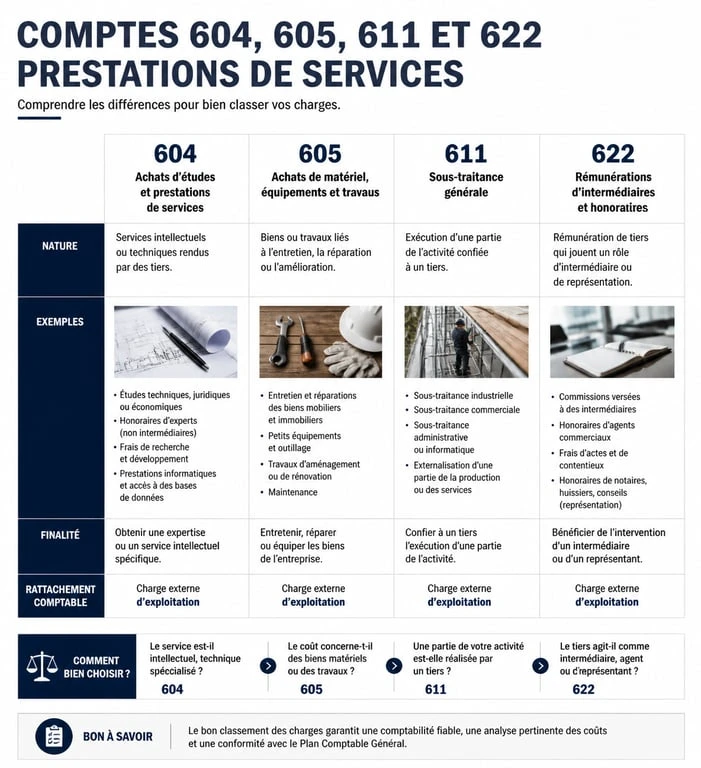 Tableau comparatif des comptes comptables pour prestation de service : 604, 605, 611 et 622