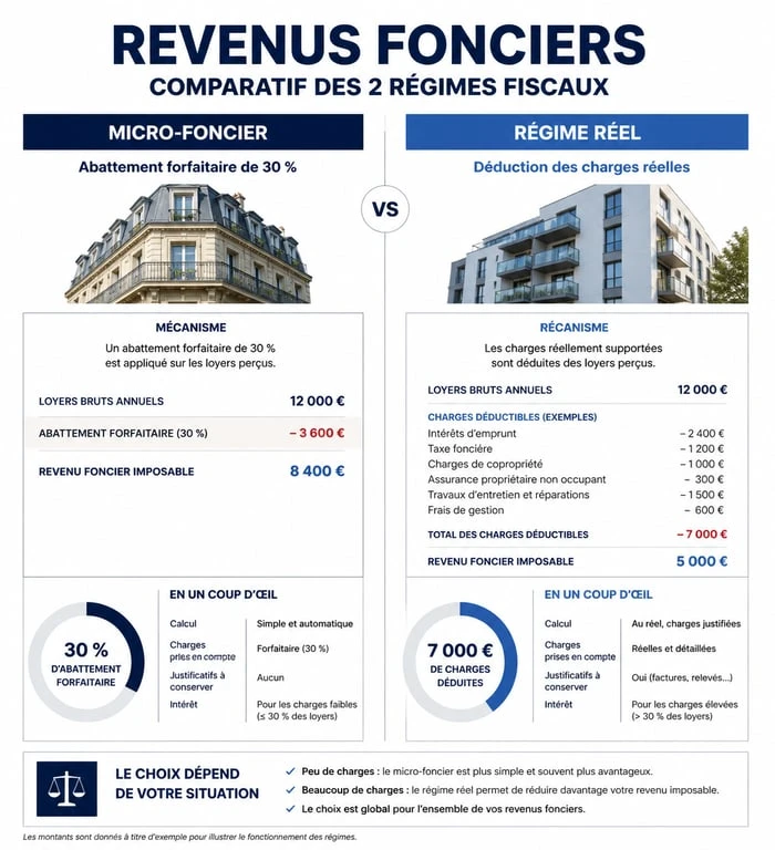 Infographie comparative des régimes fiscaux pour les revenus fonciers : Micro-foncier vs Régime Réel