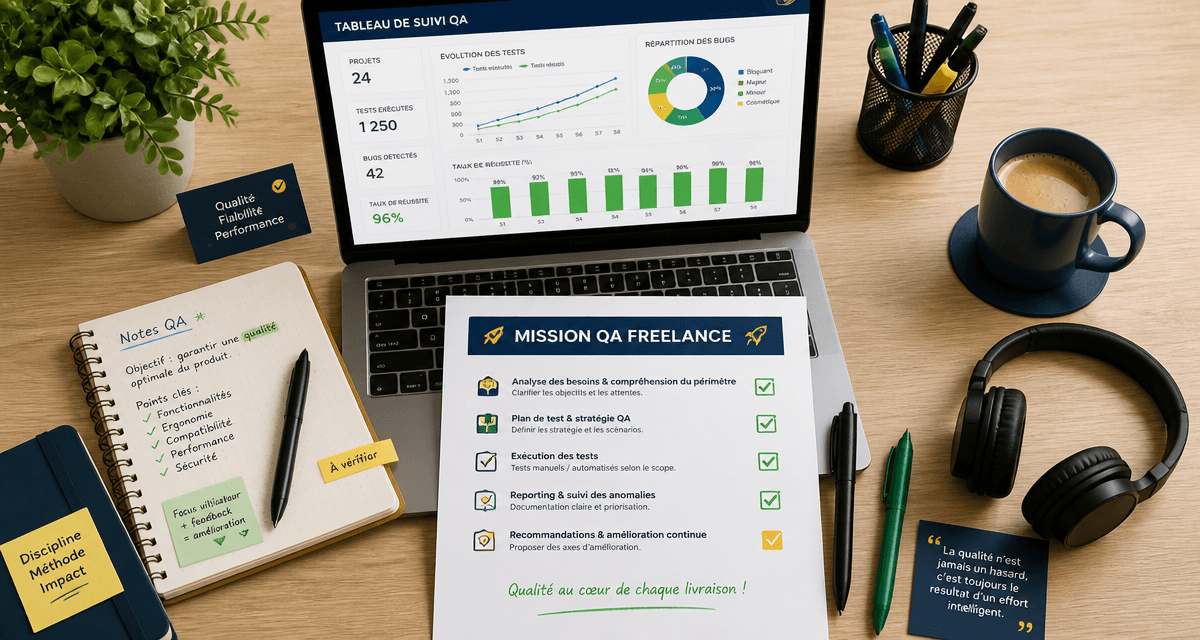 bureau qa freelance full remote avec ordinateur et checklist