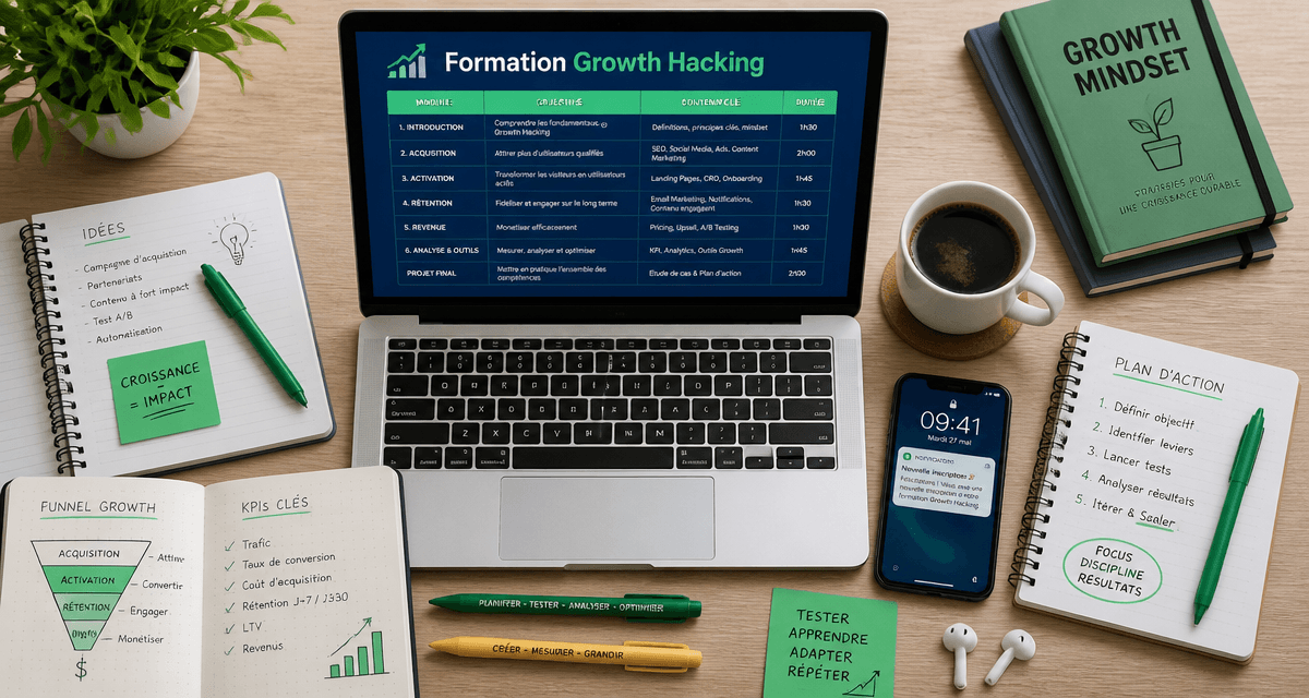 formation growth hacking sur bureau moderne avec laptop