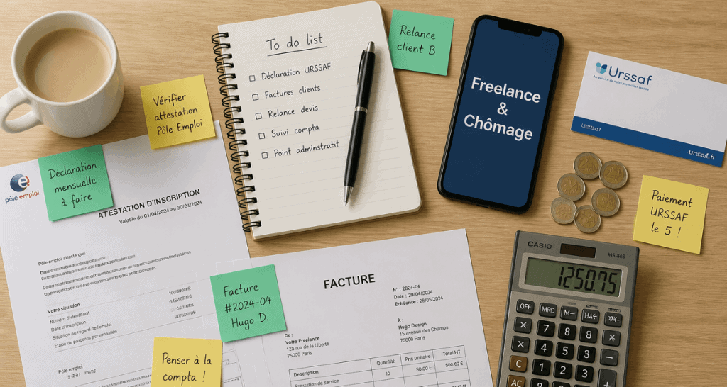 freelance et chomage sur bureau avec documents