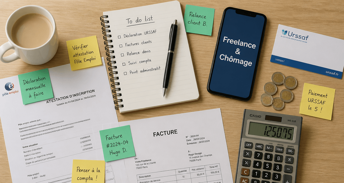 freelance et chomage sur bureau avec documents