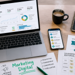 Bureau moderne avec laptop dashboard net marketing