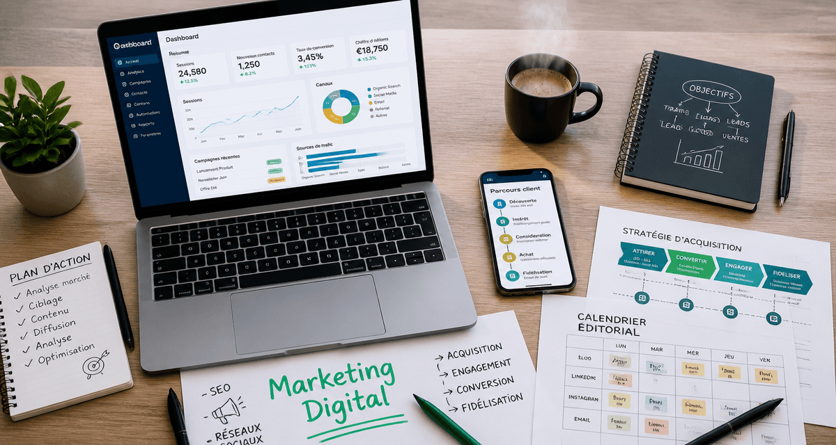 Bureau moderne avec laptop dashboard net marketing