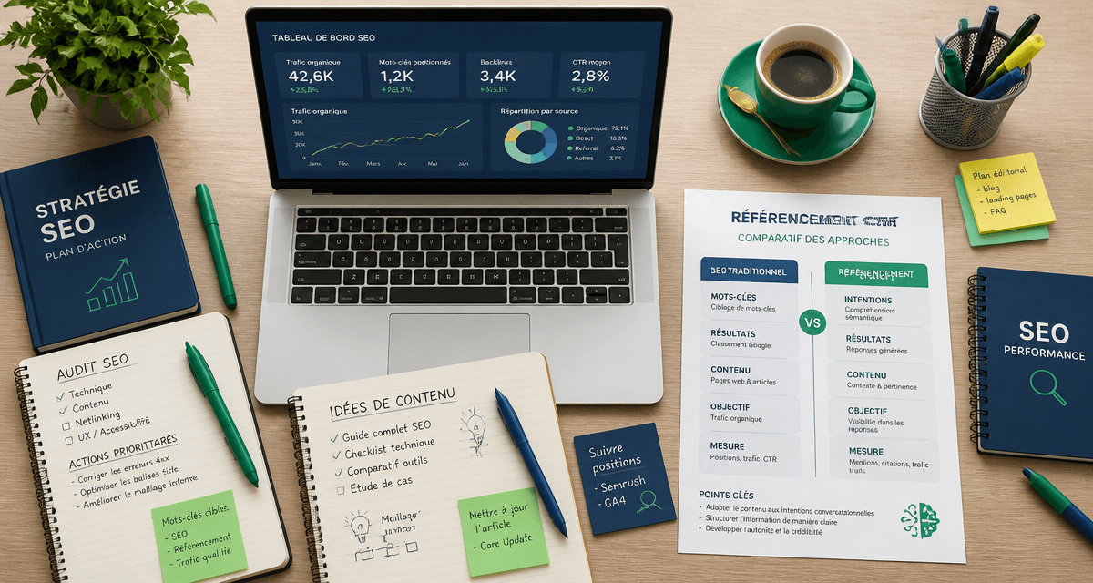 Référencement ChatGPT bureau SEO vue du dessus