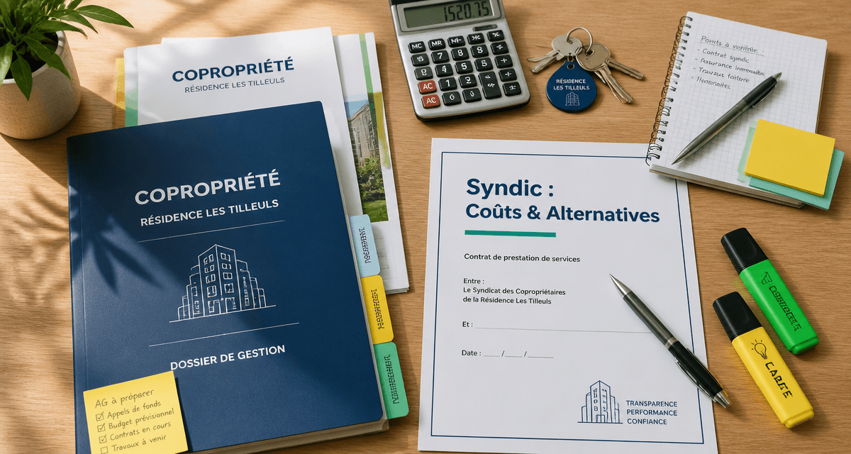 tarif syndic petite copropriété table dossiers calculatrice clés