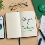 flat-lay éthique et marketing carnet smartphone badge