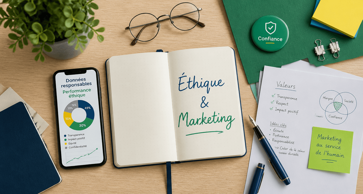 flat-lay éthique et marketing carnet smartphone badge