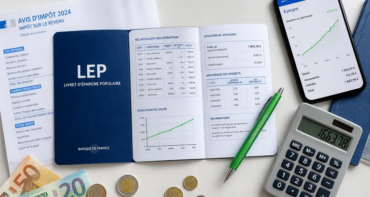 Combien rapporte un LEP plein sur 10 ans, bureau avec livret et calculatrice