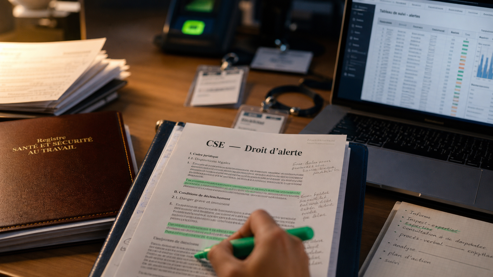CSE action : dossier droit d’alerte sur table en open space