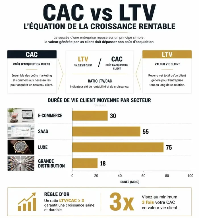 Infographie montrant la relation entre CAC et LTV marketing par secteur d'activité
