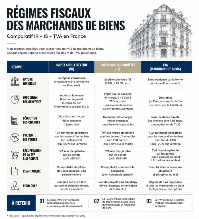 Tableau comparatif de la fiscalité pour marchand de biens : IR, IS et TVA