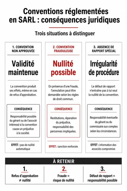 Infographie des conséquences juridiques de l'article L223-19 du Code de commerce sur les conventions réglementées en SARL